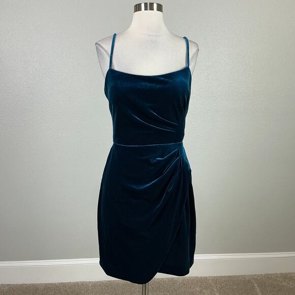 AQUA Velvet Sleeveless Ruched Mini Sheath Cocktail Dress Teal Blue Size 8 - Picture 2 of 13